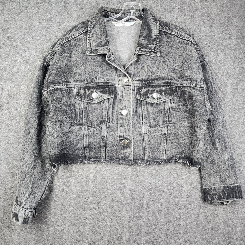 Highway Jeans Denim Jacket Womens L Gray Acid Wash Cropped Raw Hem Elastic Back